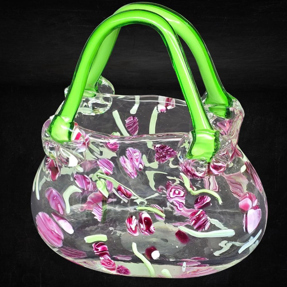 Vintage Hand Blown Art Glass Purse Vase Pink Floral Green Handles